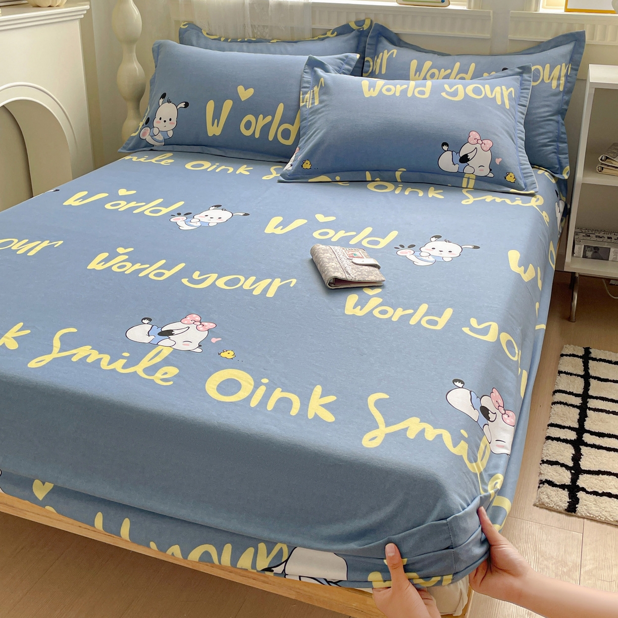 91家纺网 家纺一手货源 找家纺 纽缦家纺 2025新款全棉纯棉磨毛印花单床笠 床笠单件 萌宠宝贝蓝