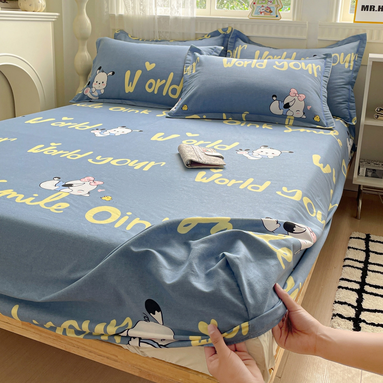 91家纺网 家纺一手货源 找家纺 纽缦家纺 2025新款全棉纯棉磨毛印花单床笠 床笠单件 萌宠宝贝蓝