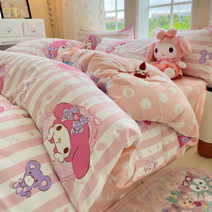 91家纺网 家纺一手货源 找家纺 金爱家2025新款三丽鸥正版授权卡通数码印花混搭纯棉印花系列四件套 棉三丽鸥-甜甜美乐蒂
