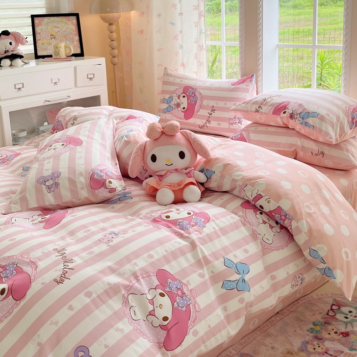 91家纺网 家纺一手货源 找家纺 金爱家2025新款三丽鸥正版授权卡通数码印花混搭纯棉印花系列四件套 棉三丽鸥-甜甜美乐蒂