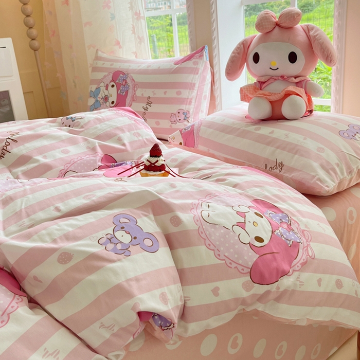 91家纺网 家纺一手货源 找家纺 金爱家2025新款三丽鸥正版授权卡通数码印花混搭纯棉印花系列四件套 棉三丽鸥-甜甜美乐蒂