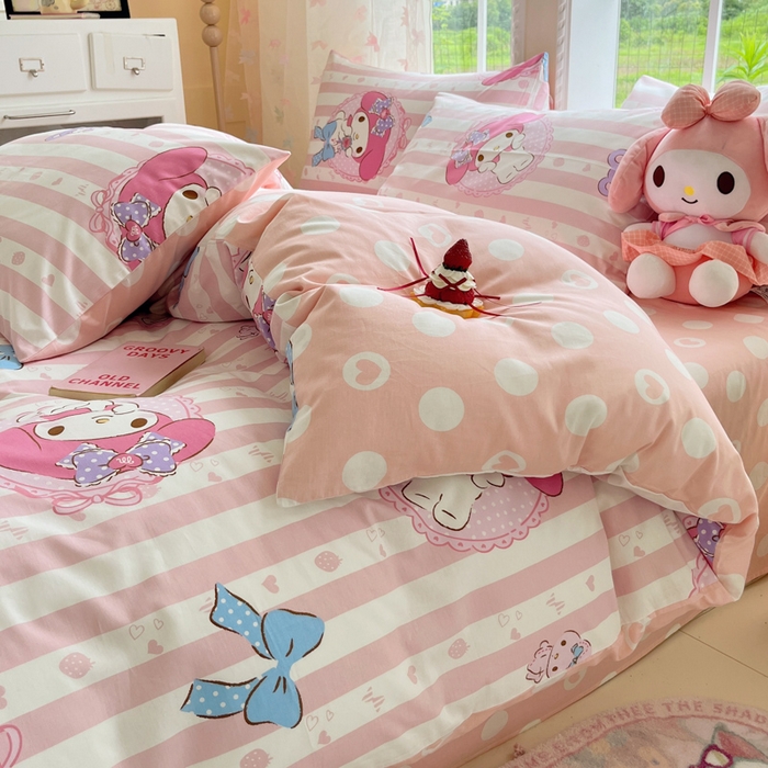 91家纺网 家纺一手货源 找家纺 金爱家2025新款三丽鸥正版授权卡通数码印花混搭纯棉印花系列四件套 棉三丽鸥-甜甜美乐蒂