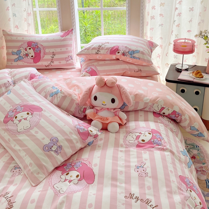 91家纺网 家纺一手货源 找家纺 金爱家2025新款三丽鸥正版授权卡通数码印花混搭纯棉印花系列四件套 棉三丽鸥-甜甜美乐蒂