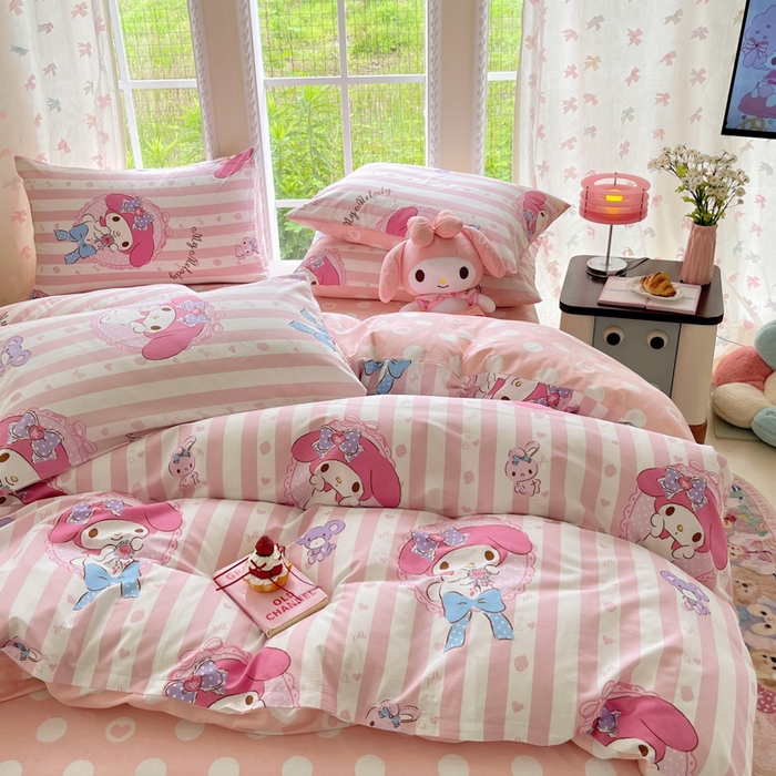 91家纺网 家纺一手货源 找家纺 金爱家2025新款三丽鸥正版授权卡通数码印花混搭纯棉印花系列四件套 棉三丽鸥-甜甜美乐蒂