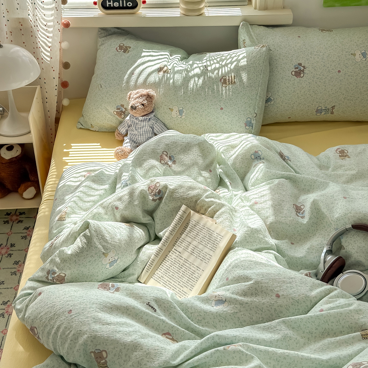 91家纺网 家纺一手货源 找家纺 沐芷 2025 A类木棉双层纱简约风床上四件套柔软手感宿舍三件套 幸运小象