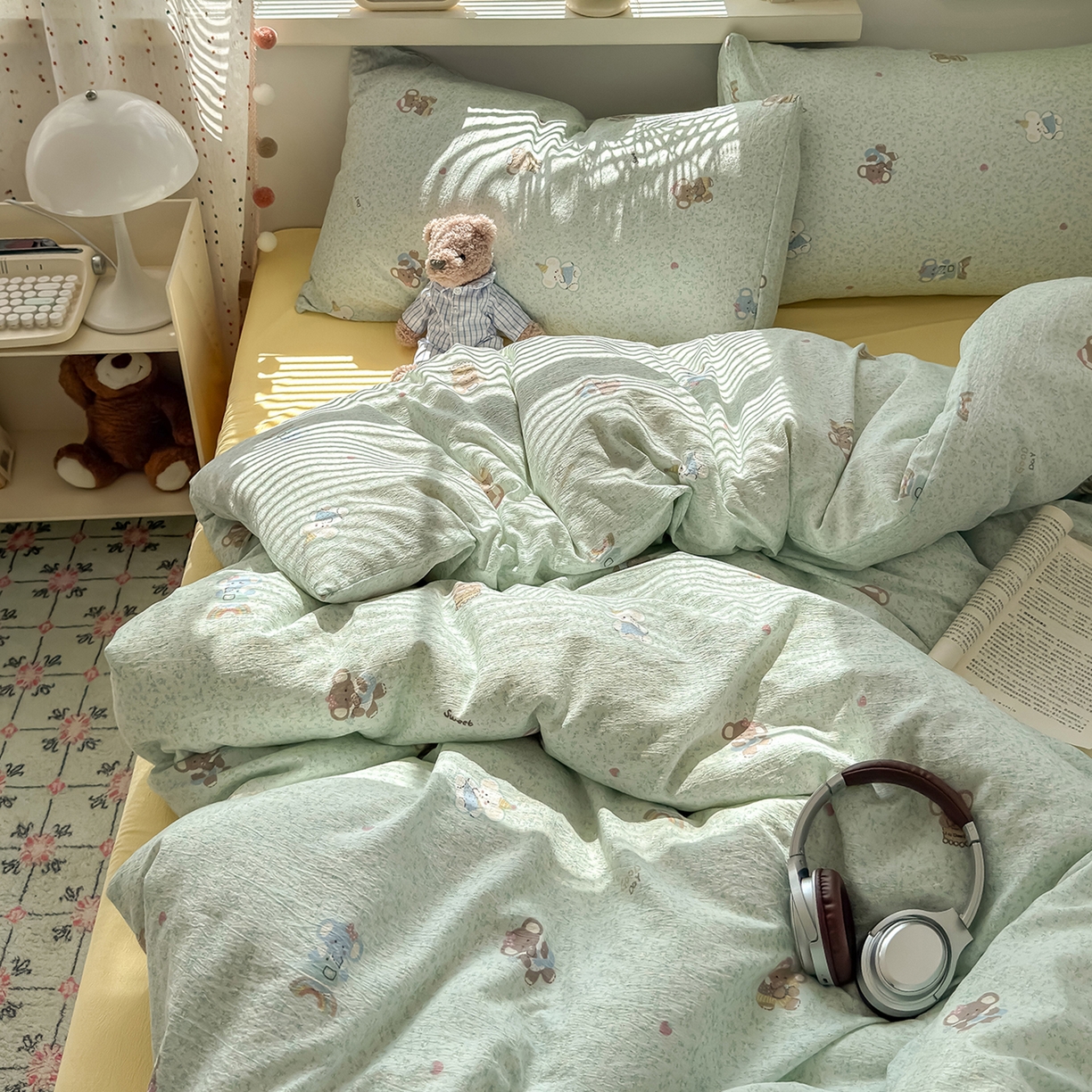 91家纺网 家纺一手货源 找家纺 沐芷 2025 A类木棉双层纱简约风床上四件套柔软手感宿舍三件套 幸运小象