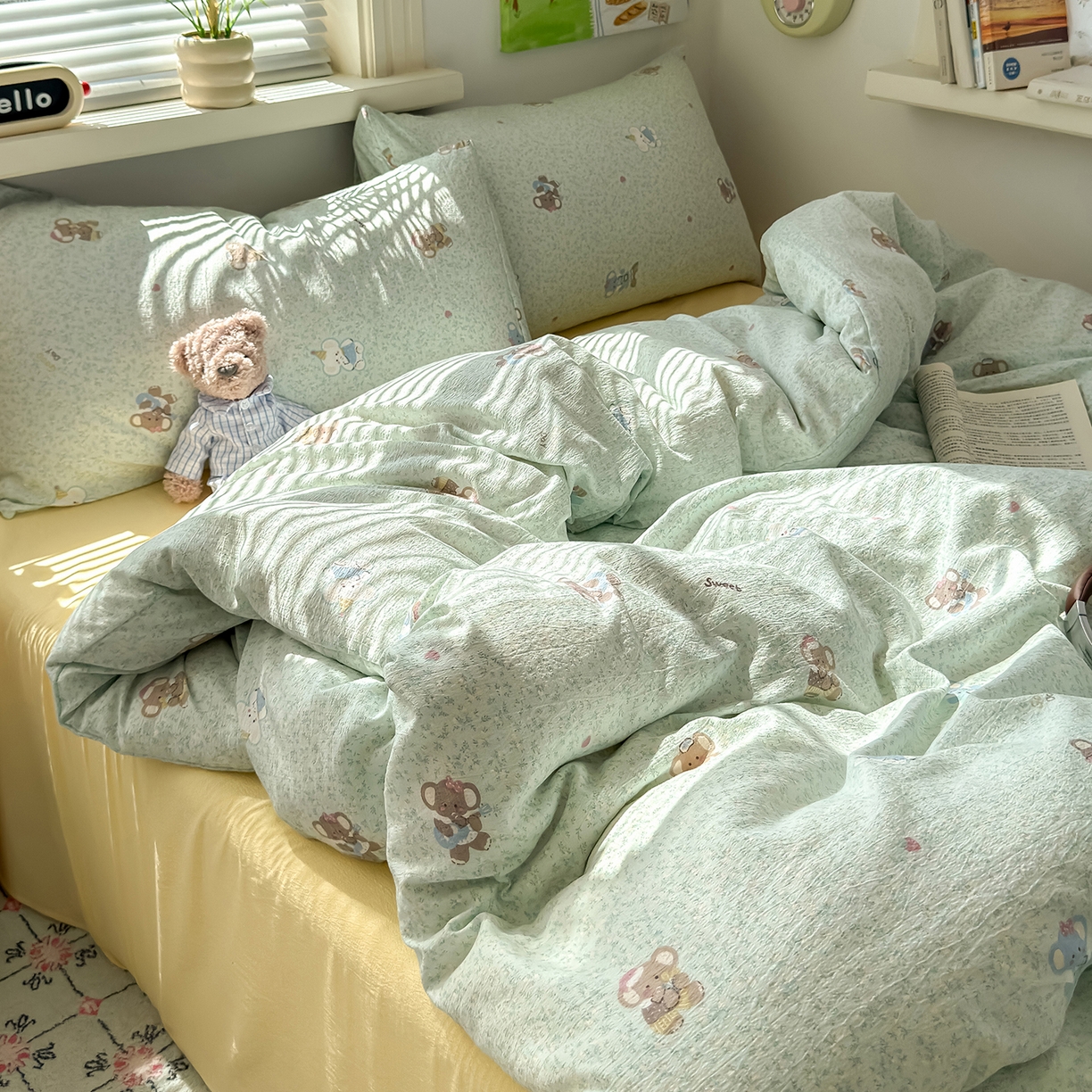 91家纺网 家纺一手货源 找家纺 沐芷 2025 A类木棉双层纱简约风床上四件套柔软手感宿舍三件套 幸运小象