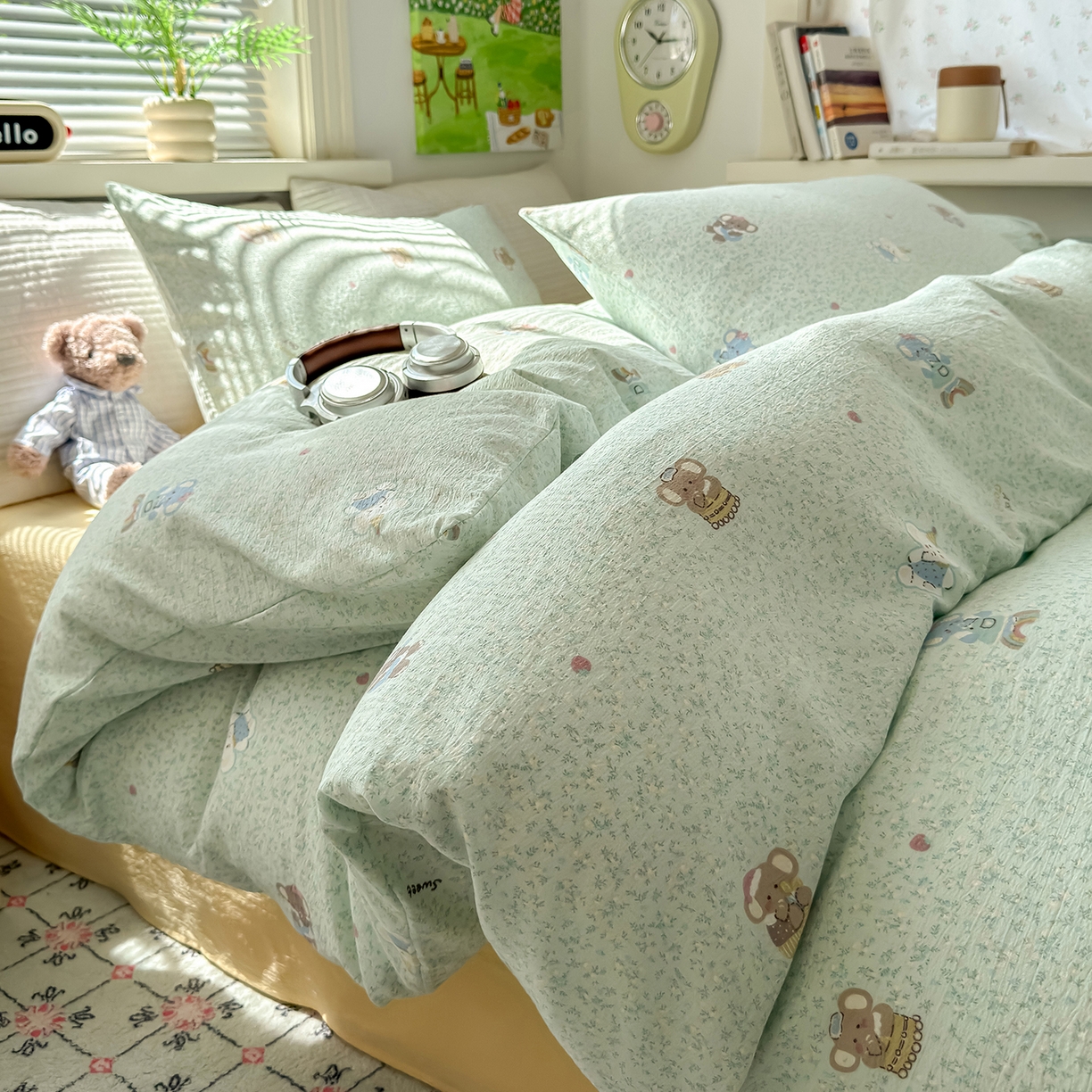 91家纺网 家纺一手货源 找家纺 沐芷 2025 A类木棉双层纱简约风床上四件套柔软手感宿舍三件套 幸运小象