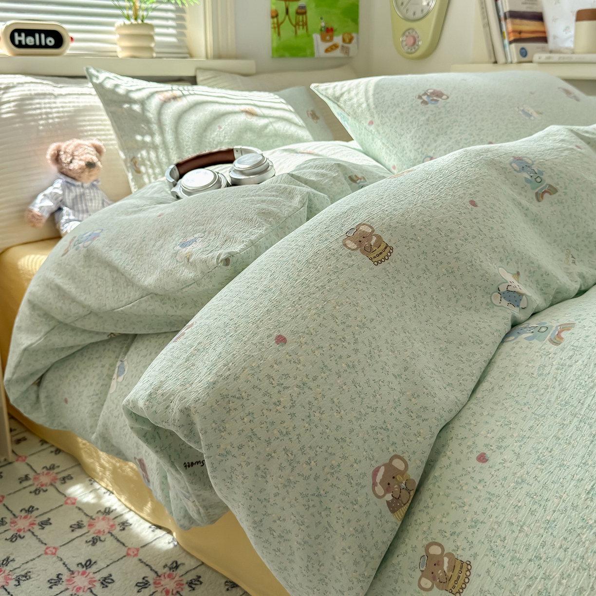 91家纺网 家纺一手货源 找家纺 沐芷 2025 A类木棉双层纱简约风床上四件套柔软手感宿舍三件套 幸运小象