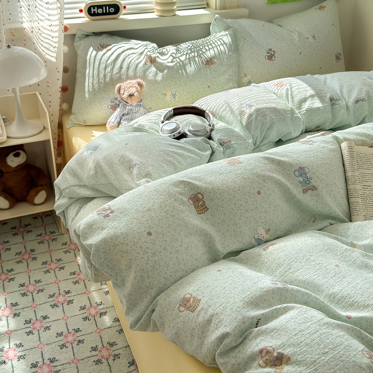 91家纺网 家纺一手货源 找家纺 沐芷 2025 A类木棉双层纱简约风床上四件套柔软手感宿舍三件套 幸运小象