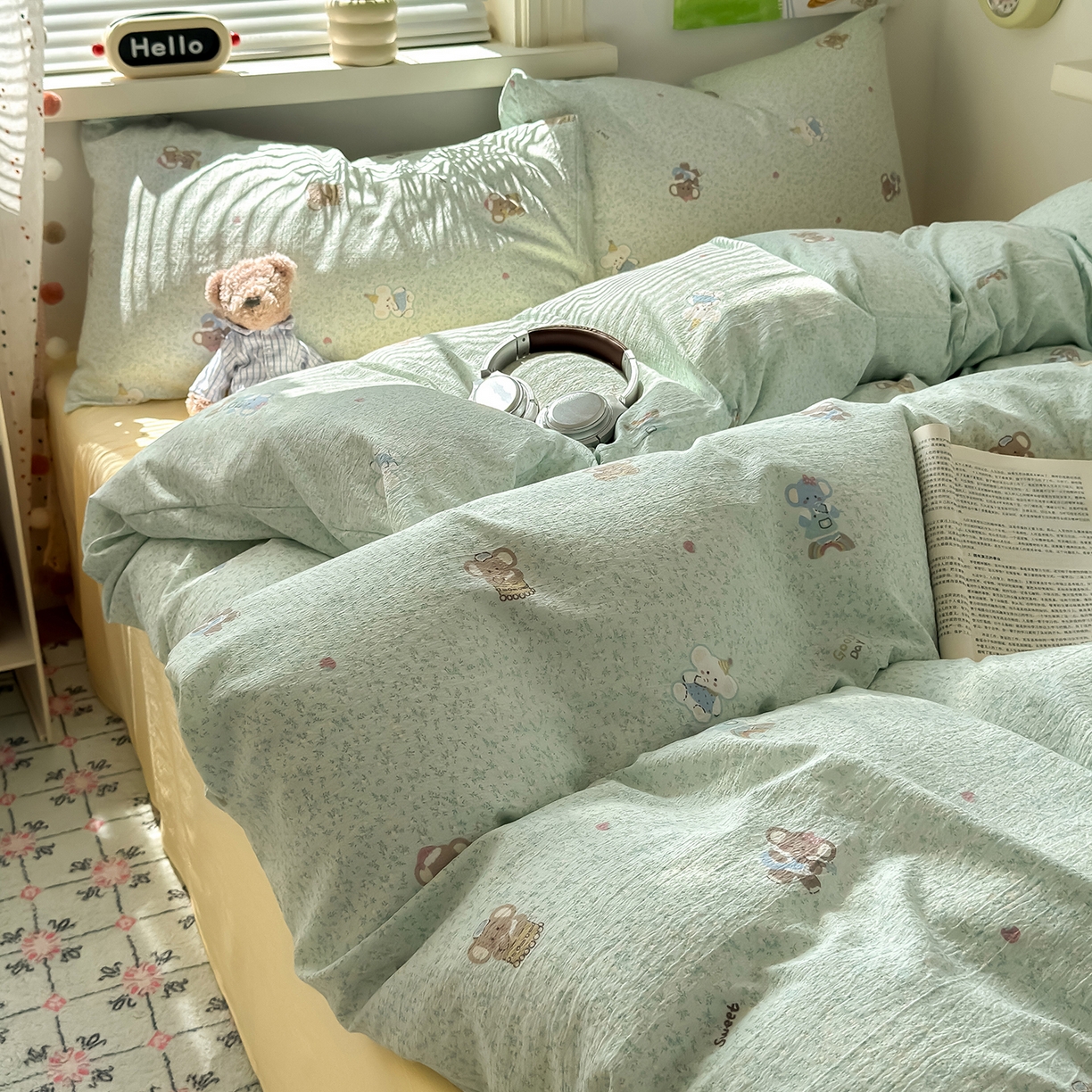 91家纺网 家纺一手货源 找家纺 沐芷 2025 A类木棉双层纱简约风床上四件套柔软手感宿舍三件套 幸运小象