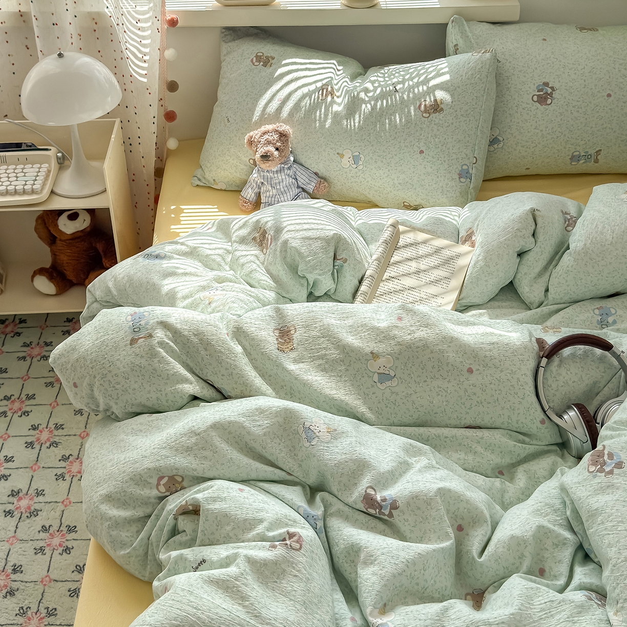 91家纺网 家纺一手货源 找家纺 沐芷 2025 A类木棉双层纱简约风床上四件套柔软手感宿舍三件套 幸运小象