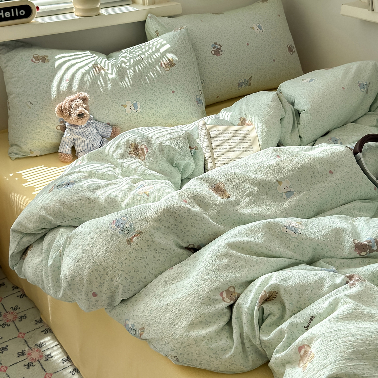 91家纺网 家纺一手货源 找家纺 沐芷 2025 A类木棉双层纱简约风床上四件套柔软手感宿舍三件套 幸运小象