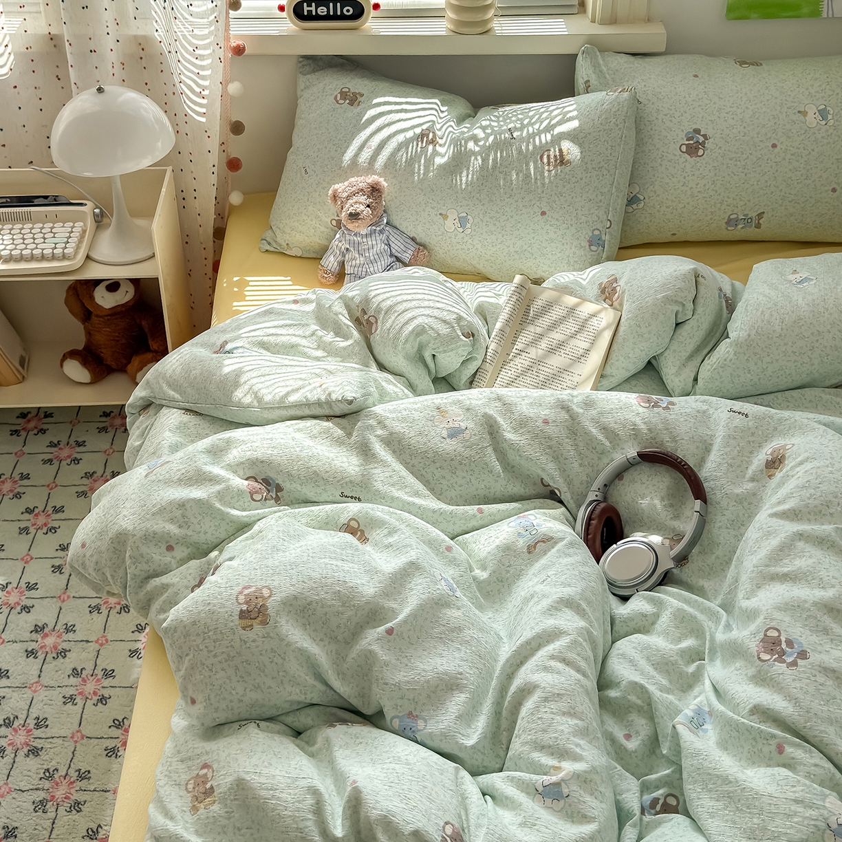 91家纺网 家纺一手货源 找家纺 沐芷 2025 A类木棉双层纱简约风床上四件套柔软手感宿舍三件套 幸运小象