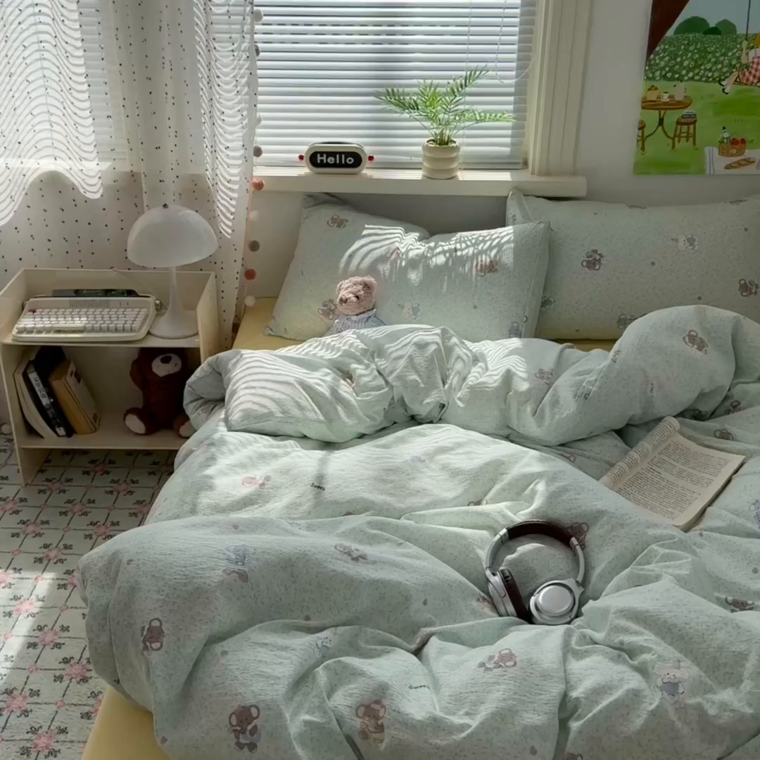 91家纺网 家纺一手货源 找家纺 沐芷 2025 A类木棉双层纱简约风床上四件套柔软手感宿舍三件套 幸运小象