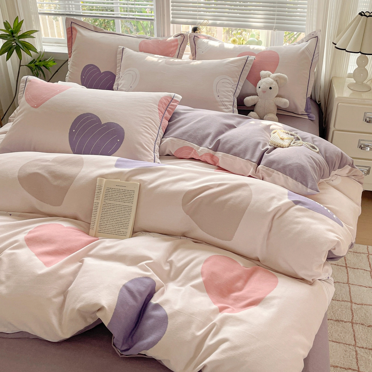 纽缦家纺 2025新款全棉纯棉磨毛印花四件套 浪漫心事粉