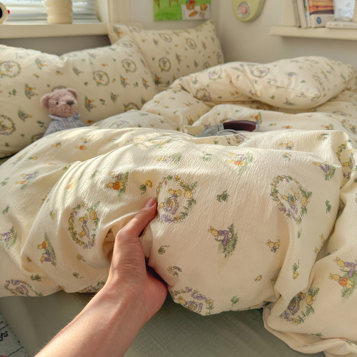 沐芷 2025 A类木棉双层纱简约风床上四件套柔软手感宿舍三件套 月下小兔