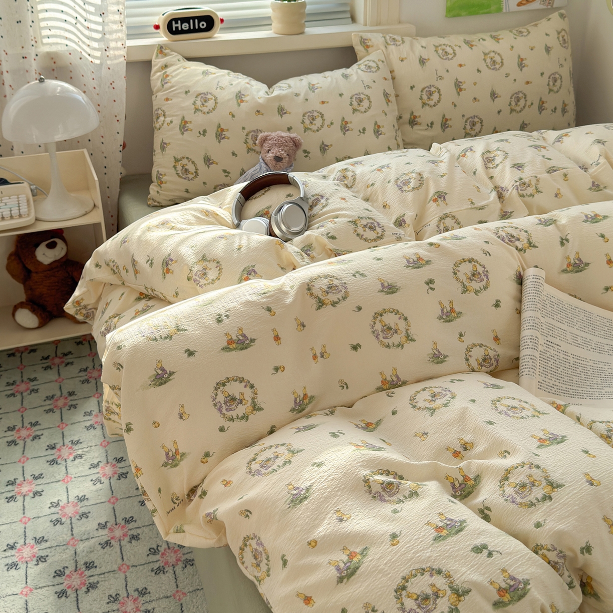 91家纺网 家纺一手货源 找家纺 沐芷 2025 A类木棉双层纱简约风床上四件套柔软手感宿舍三件套 月下小兔