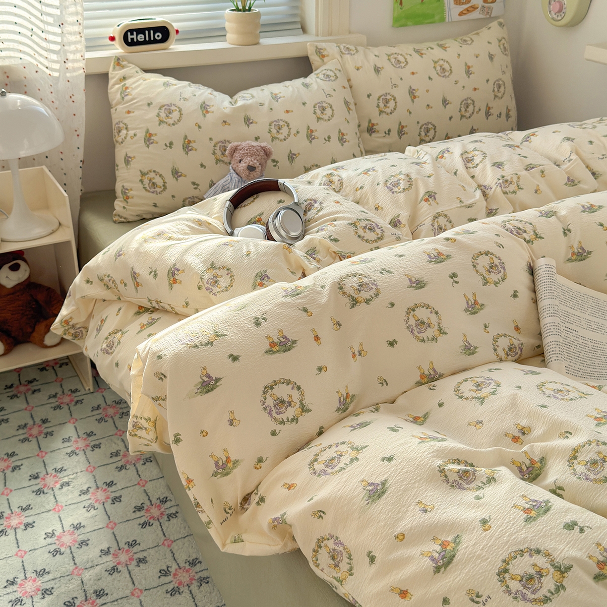 91家纺网 家纺一手货源 找家纺 沐芷 2025 A类木棉双层纱简约风床上四件套柔软手感宿舍三件套 月下小兔