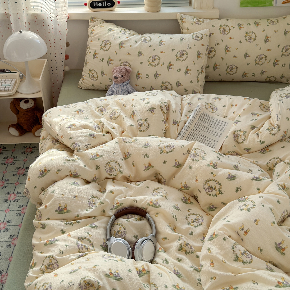 91家纺网 家纺一手货源 找家纺 沐芷 2025 A类木棉双层纱简约风床上四件套柔软手感宿舍三件套 月下小兔