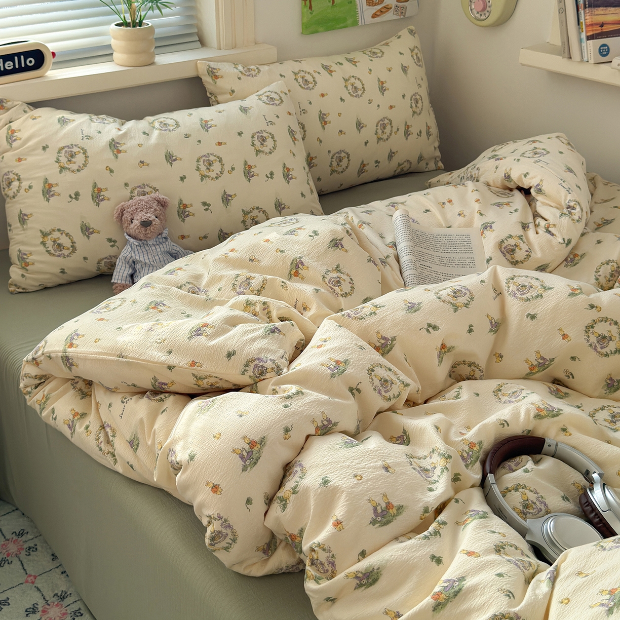 91家纺网 家纺一手货源 找家纺 沐芷 2025 A类木棉双层纱简约风床上四件套柔软手感宿舍三件套 月下小兔