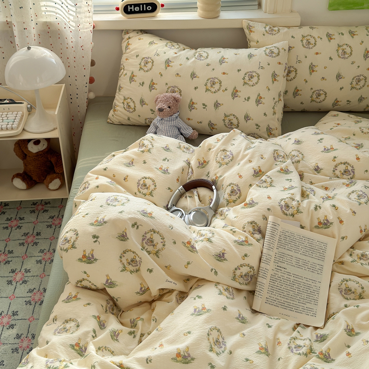 91家纺网 家纺一手货源 找家纺 沐芷 2025 A类木棉双层纱简约风床上四件套柔软手感宿舍三件套 月下小兔