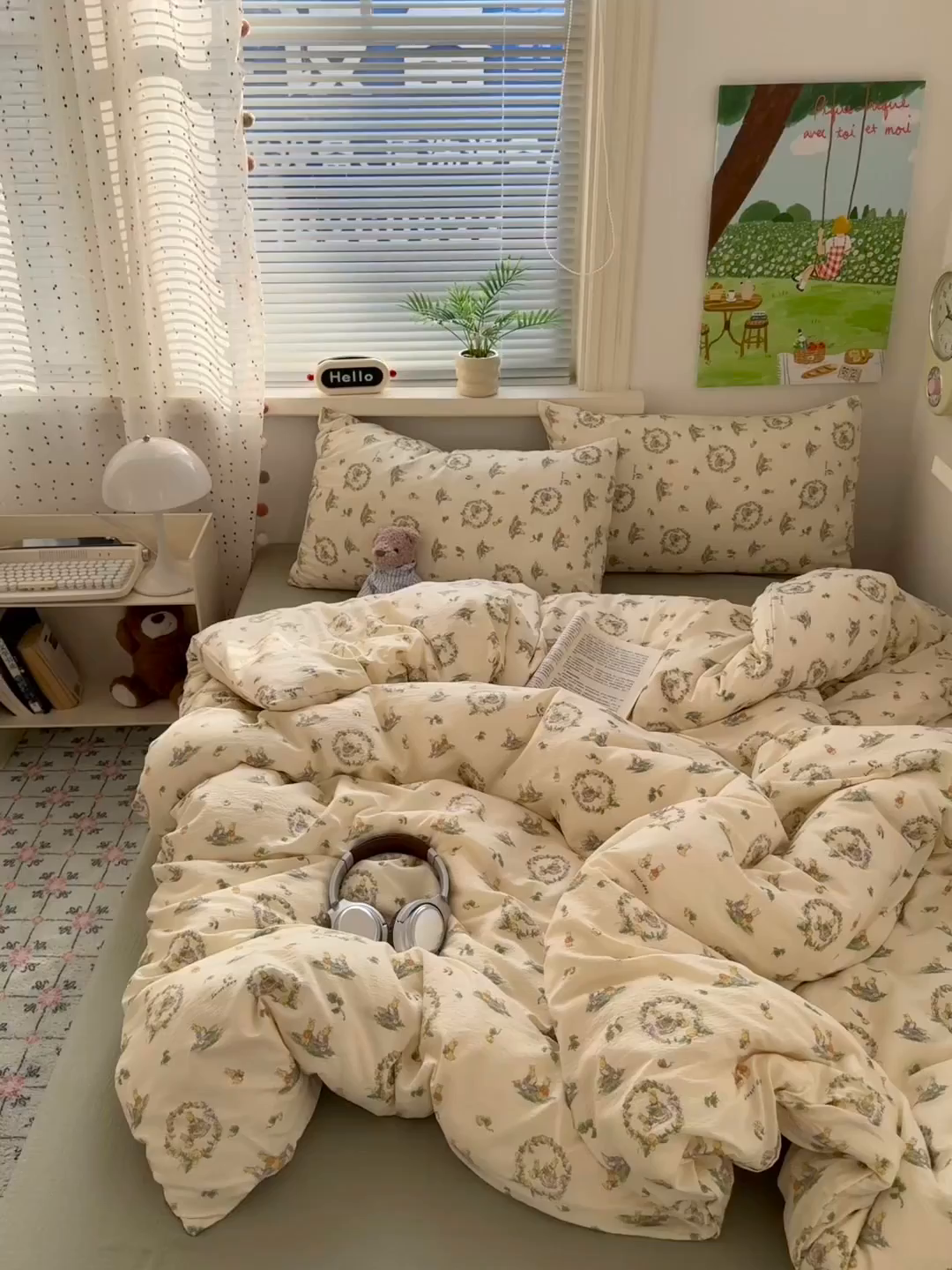 91家纺网 家纺一手货源 找家纺 沐芷 2025 A类木棉双层纱简约风床上四件套柔软手感宿舍三件套 月下小兔