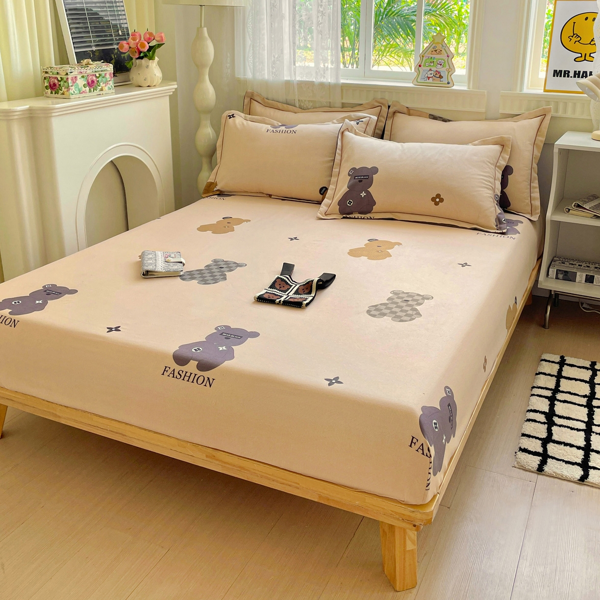 91家纺网 家纺一手货源 找家纺 纽缦家纺 2025新款全棉纯棉磨毛印花单床笠 床笠单件 欧尼熊灰