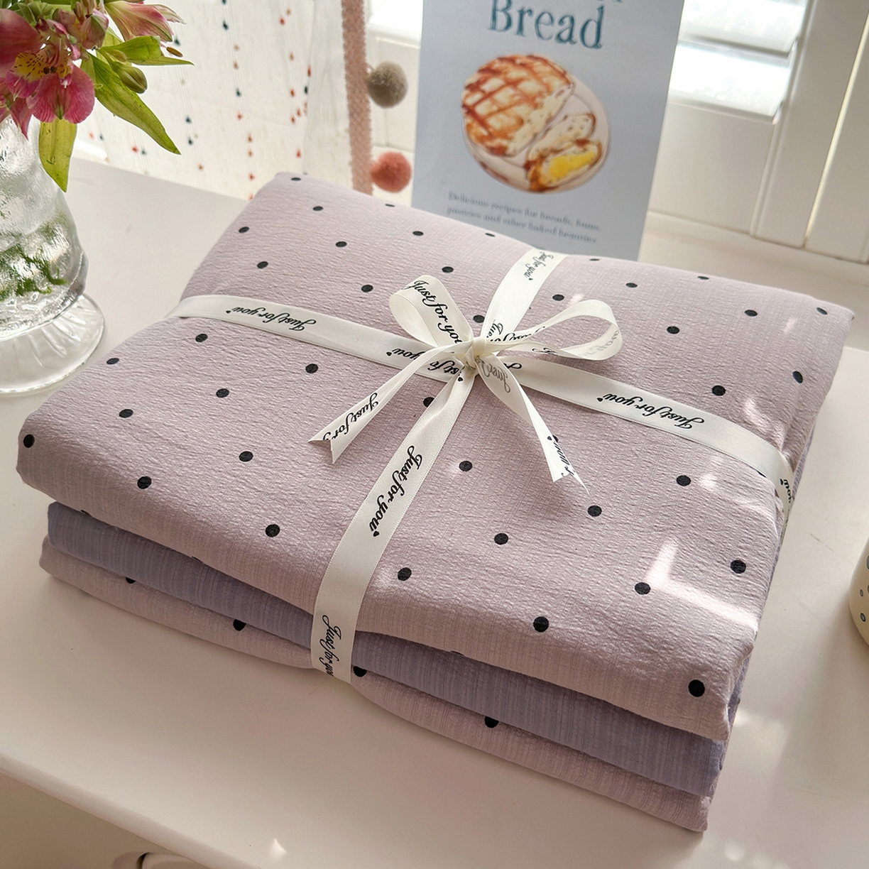 91家纺网 家纺一手货源 找家纺 沐芷 2025 A类木棉双层纱简约风床上四件套柔软手感宿舍三件套 紫波点