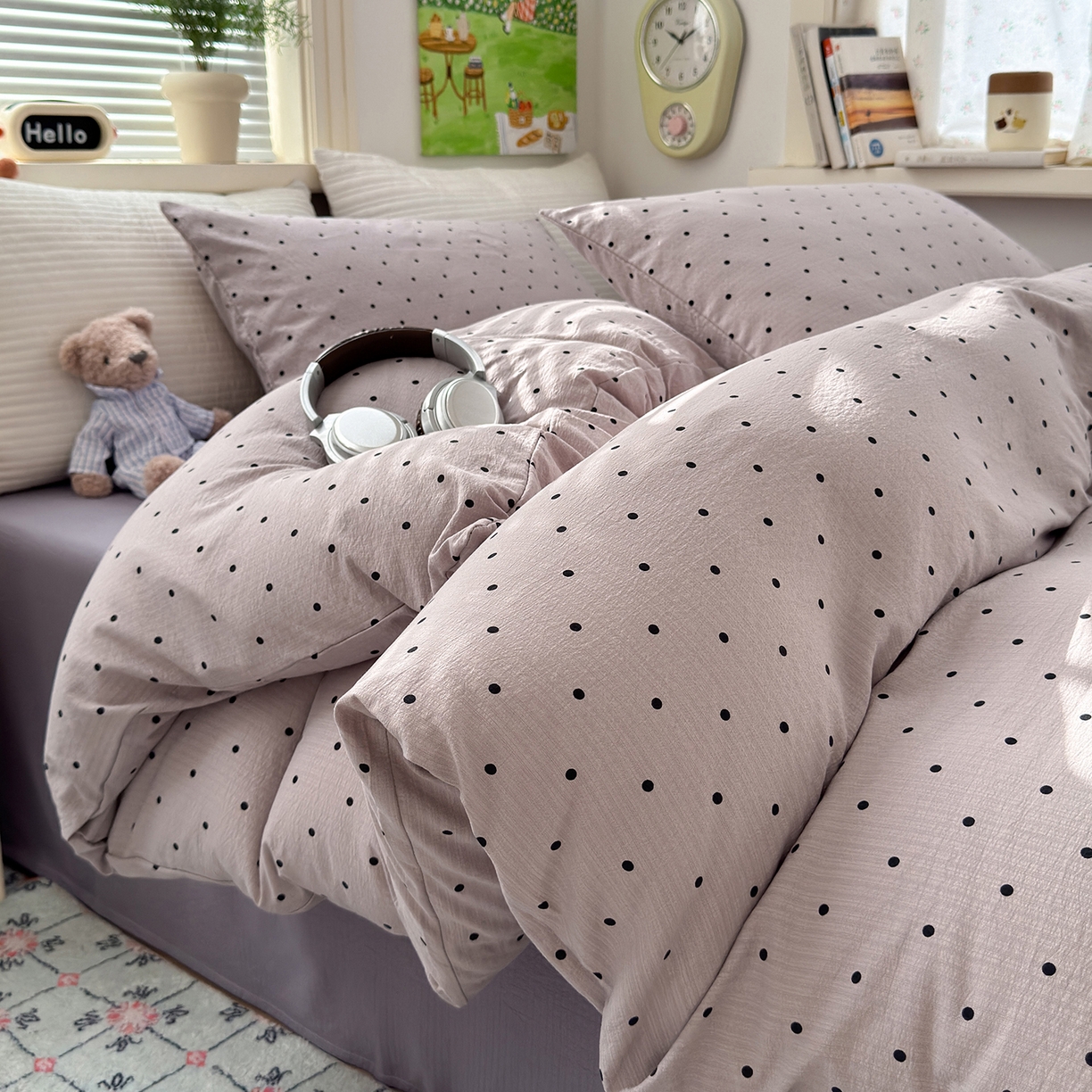 91家纺网 家纺一手货源 找家纺 沐芷 2025 A类木棉双层纱简约风床上四件套柔软手感宿舍三件套 紫波点