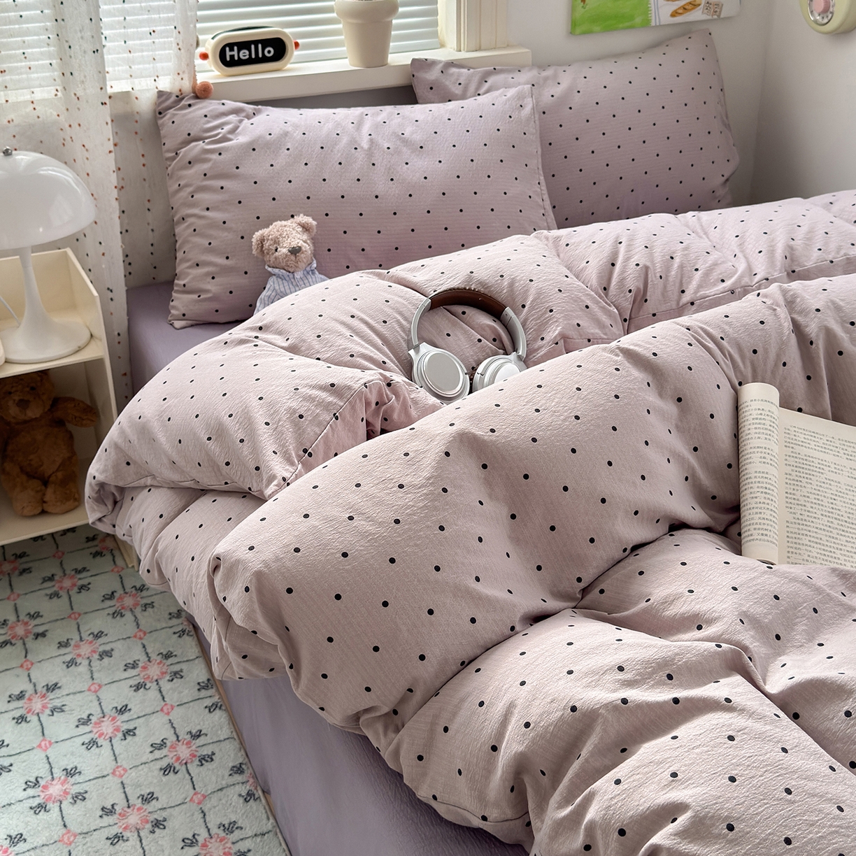 91家纺网 家纺一手货源 找家纺 沐芷 2025 A类木棉双层纱简约风床上四件套柔软手感宿舍三件套 紫波点