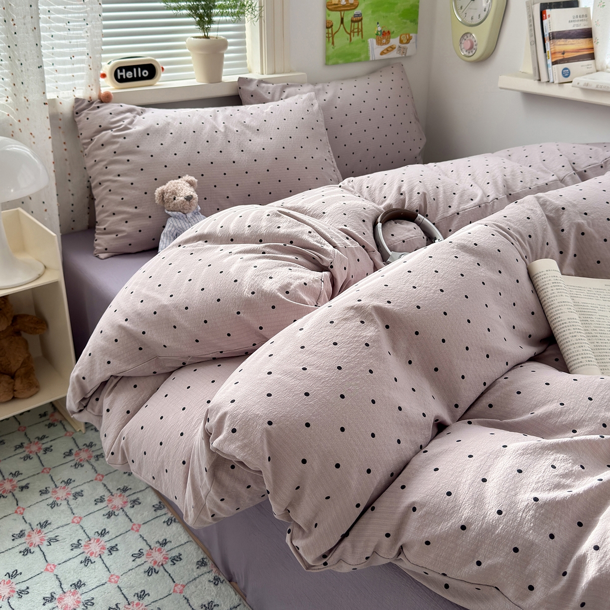 91家纺网 家纺一手货源 找家纺 沐芷 2025 A类木棉双层纱简约风床上四件套柔软手感宿舍三件套 紫波点