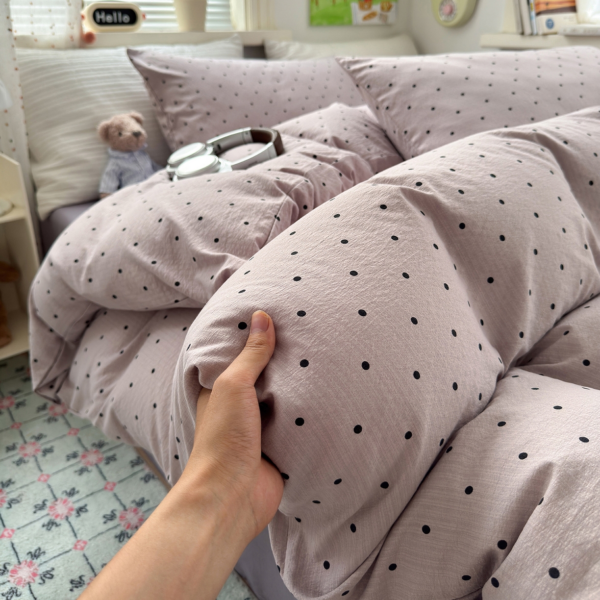 91家纺网 家纺一手货源 找家纺 沐芷 2025 A类木棉双层纱简约风床上四件套柔软手感宿舍三件套 紫波点