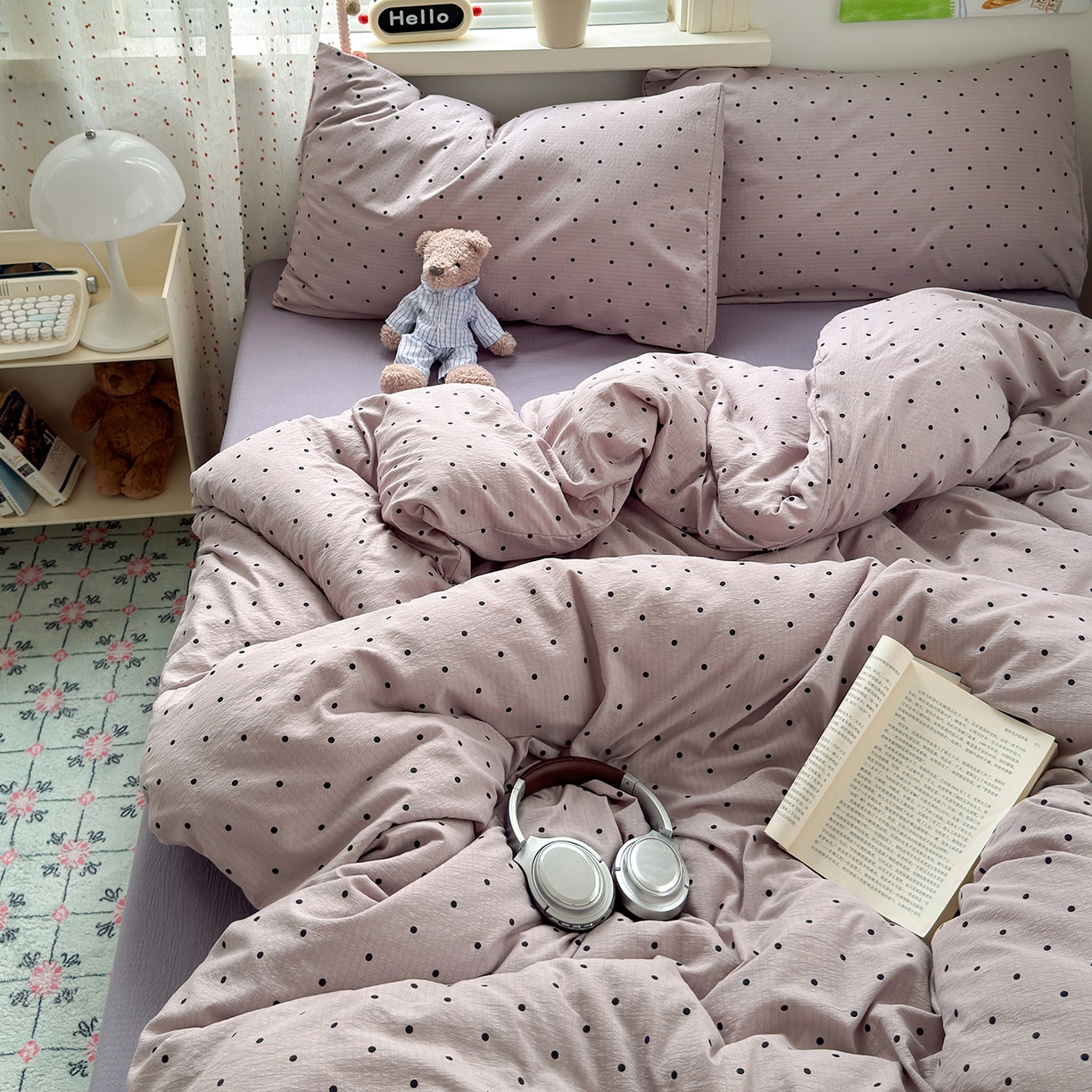 91家纺网 家纺一手货源 找家纺 沐芷 2025 A类木棉双层纱简约风床上四件套柔软手感宿舍三件套 紫波点