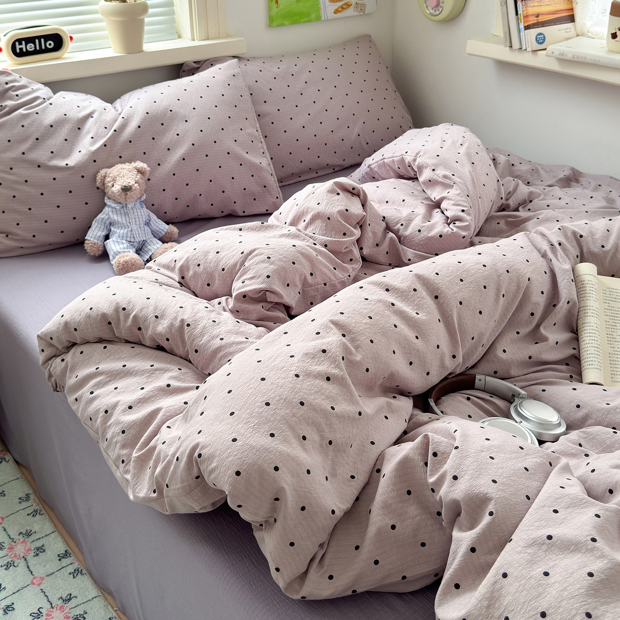 91家纺网 家纺一手货源 找家纺 沐芷 2025 A类木棉双层纱简约风床上四件套柔软手感宿舍三件套 紫波点