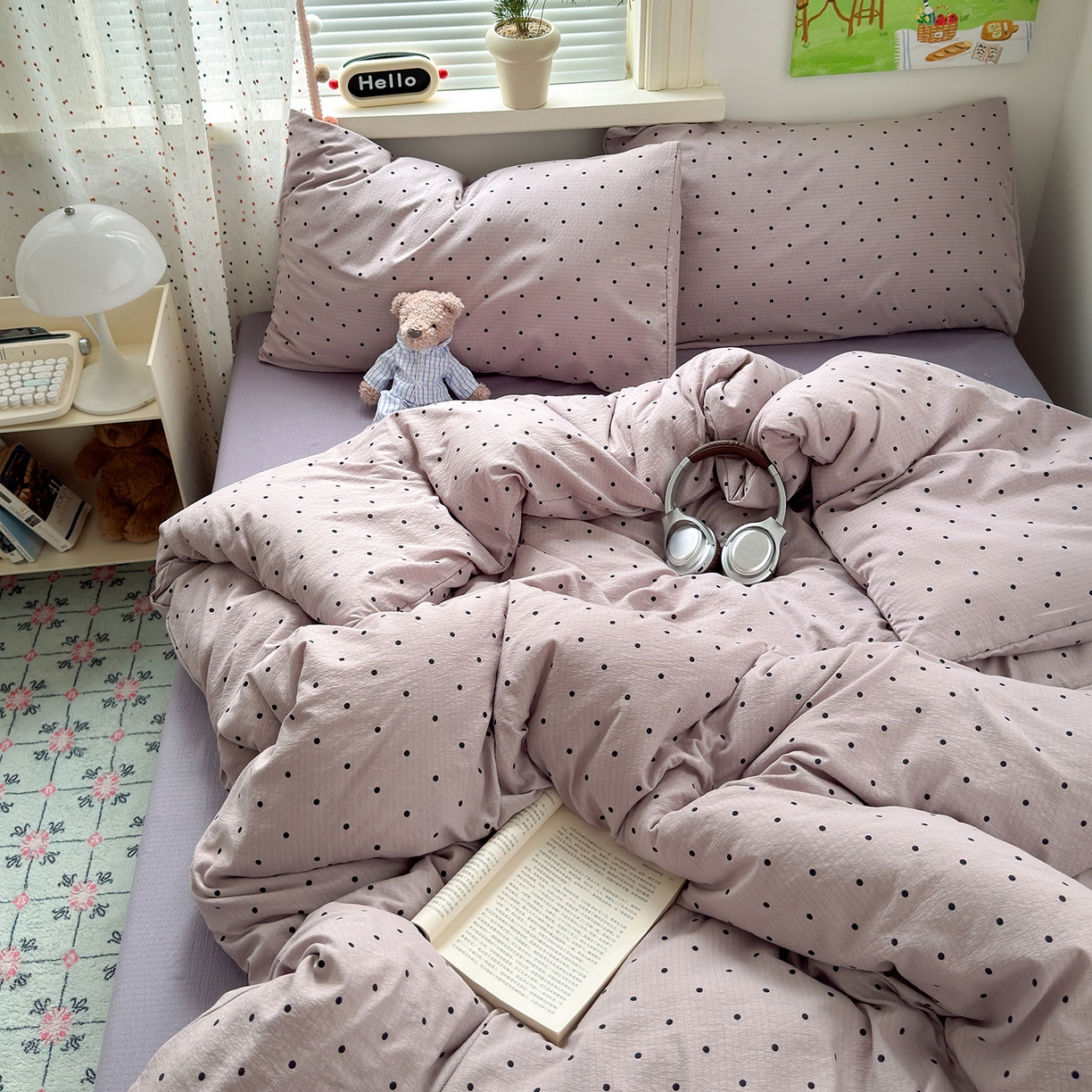 91家纺网 家纺一手货源 找家纺 沐芷 2025 A类木棉双层纱简约风床上四件套柔软手感宿舍三件套 紫波点