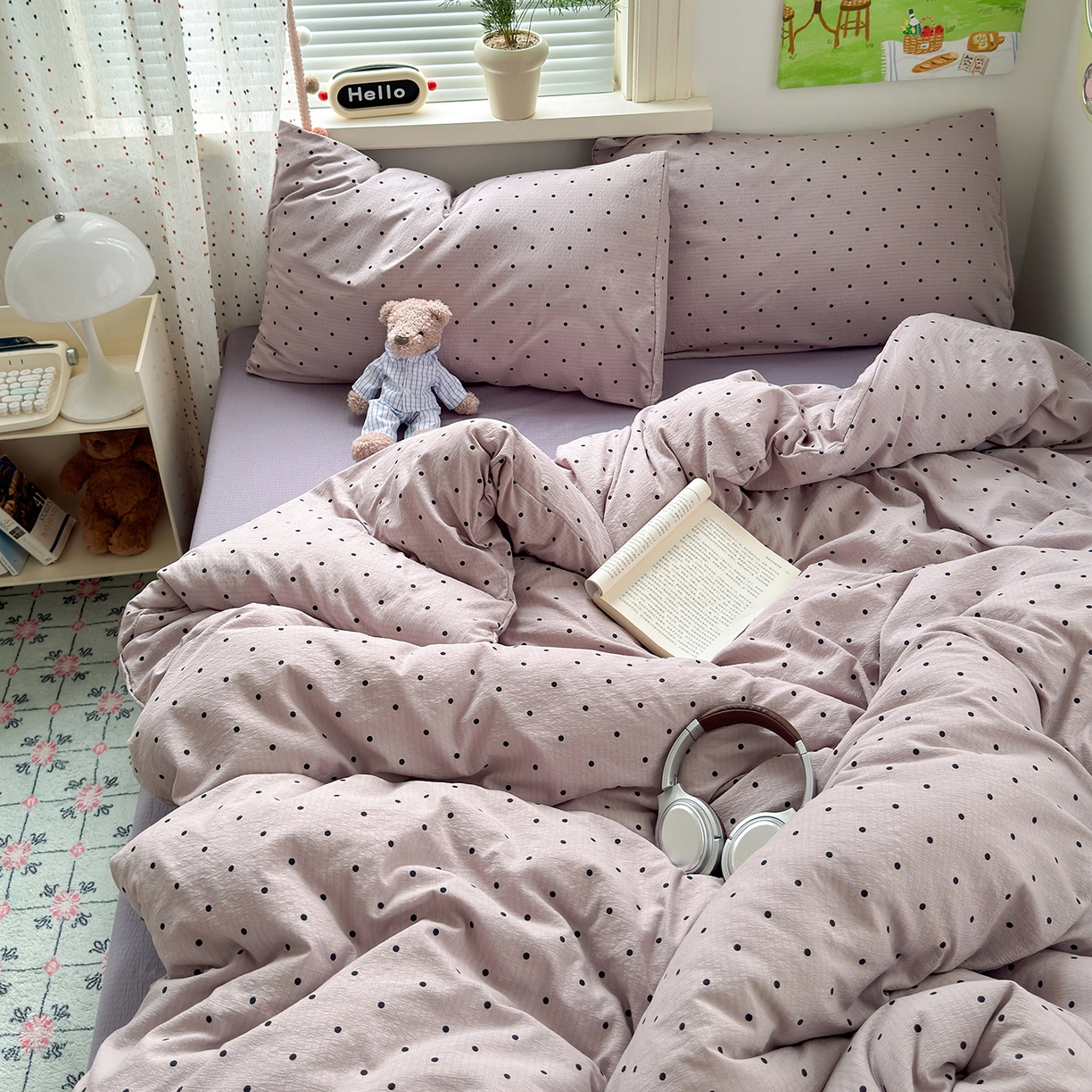 91家纺网 家纺一手货源 找家纺 沐芷 2025 A类木棉双层纱简约风床上四件套柔软手感宿舍三件套 紫波点