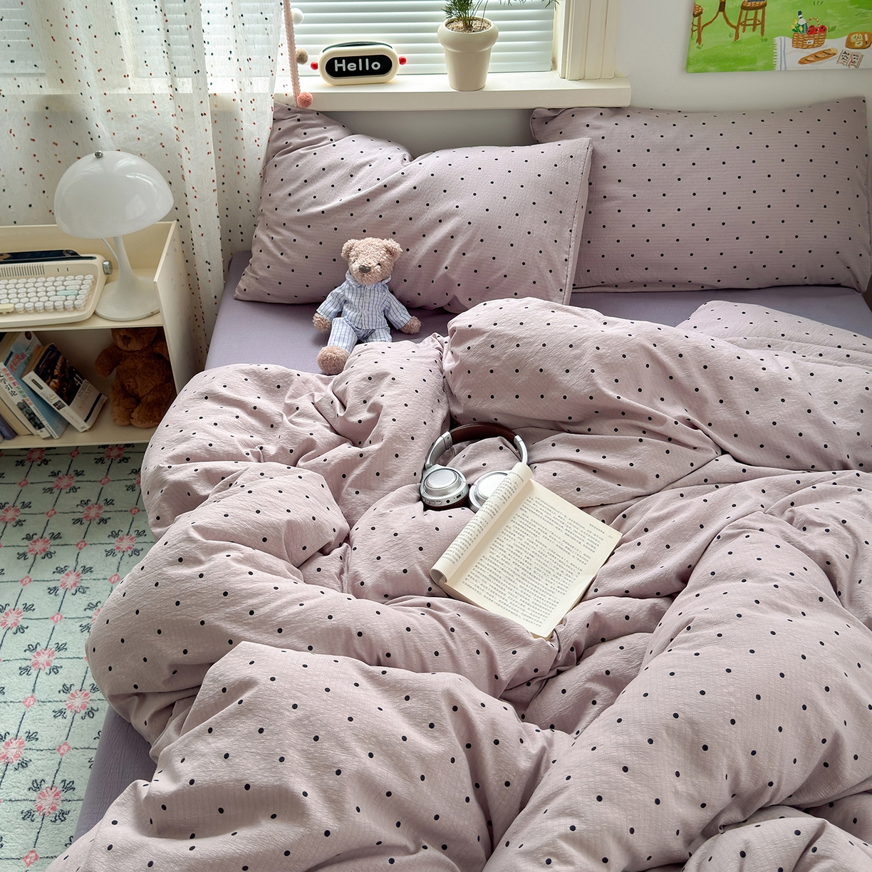 91家纺网 家纺一手货源 找家纺 沐芷 2025 A类木棉双层纱简约风床上四件套柔软手感宿舍三件套 紫波点