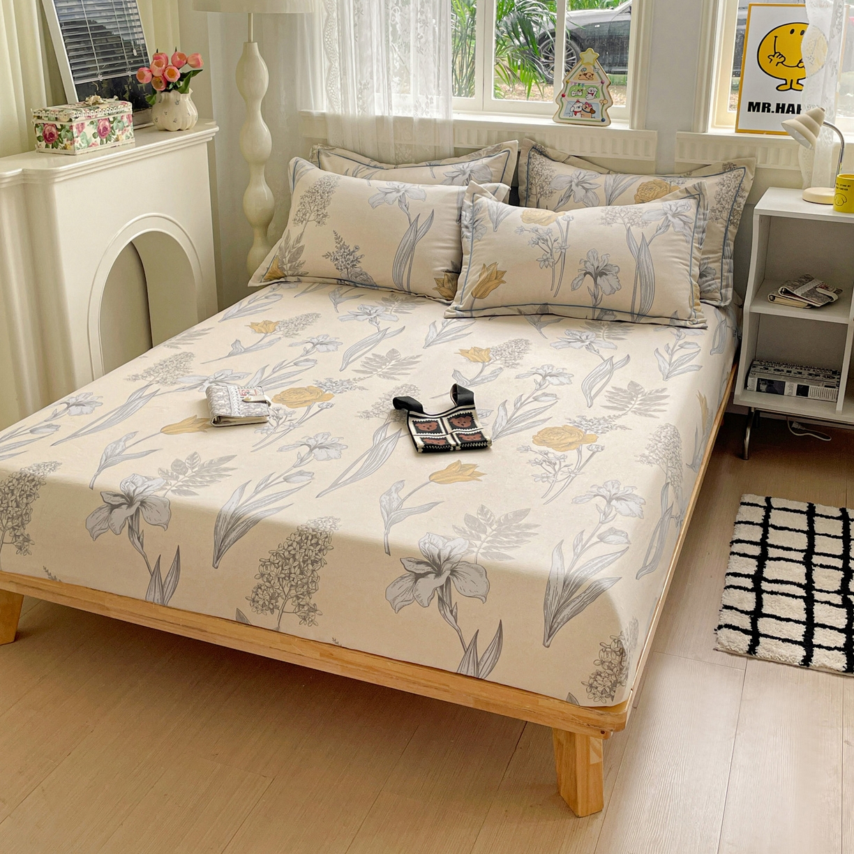 91家纺网 家纺一手货源 找家纺 纽缦家纺 2025新款全棉纯棉磨毛印花单床笠 床笠单件 且听风铃灰