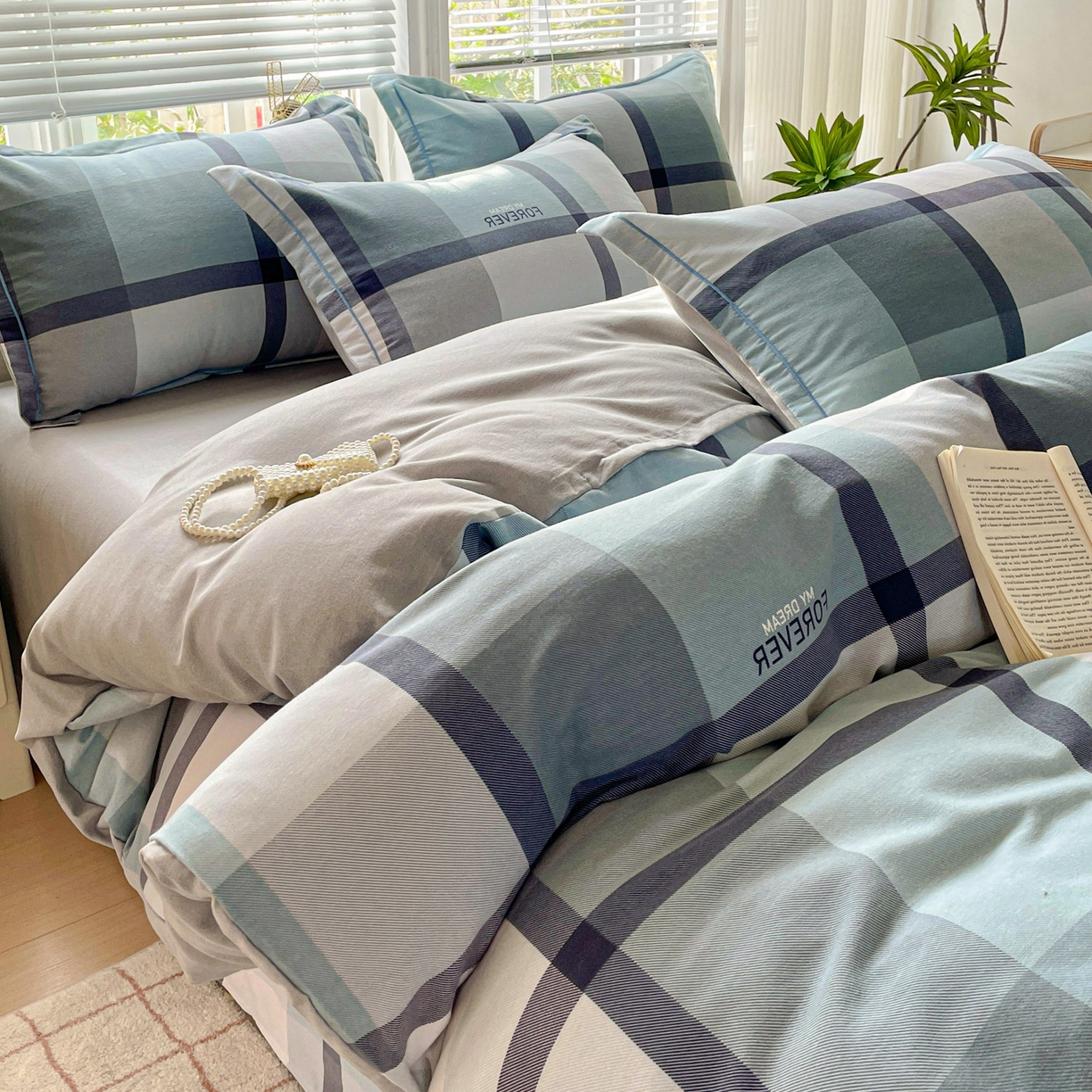 91家纺网 家纺一手货源 找家纺 纽缦家纺 2025新款全棉纯棉磨毛印花四件套 曼迪蓝