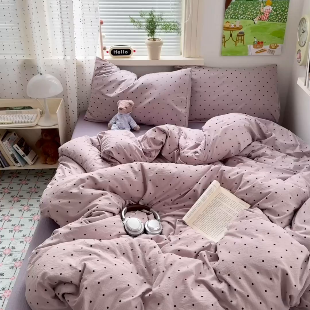 91家纺网 家纺一手货源 找家纺 沐芷 2025 A类木棉双层纱简约风床上四件套柔软手感宿舍三件套 紫波点