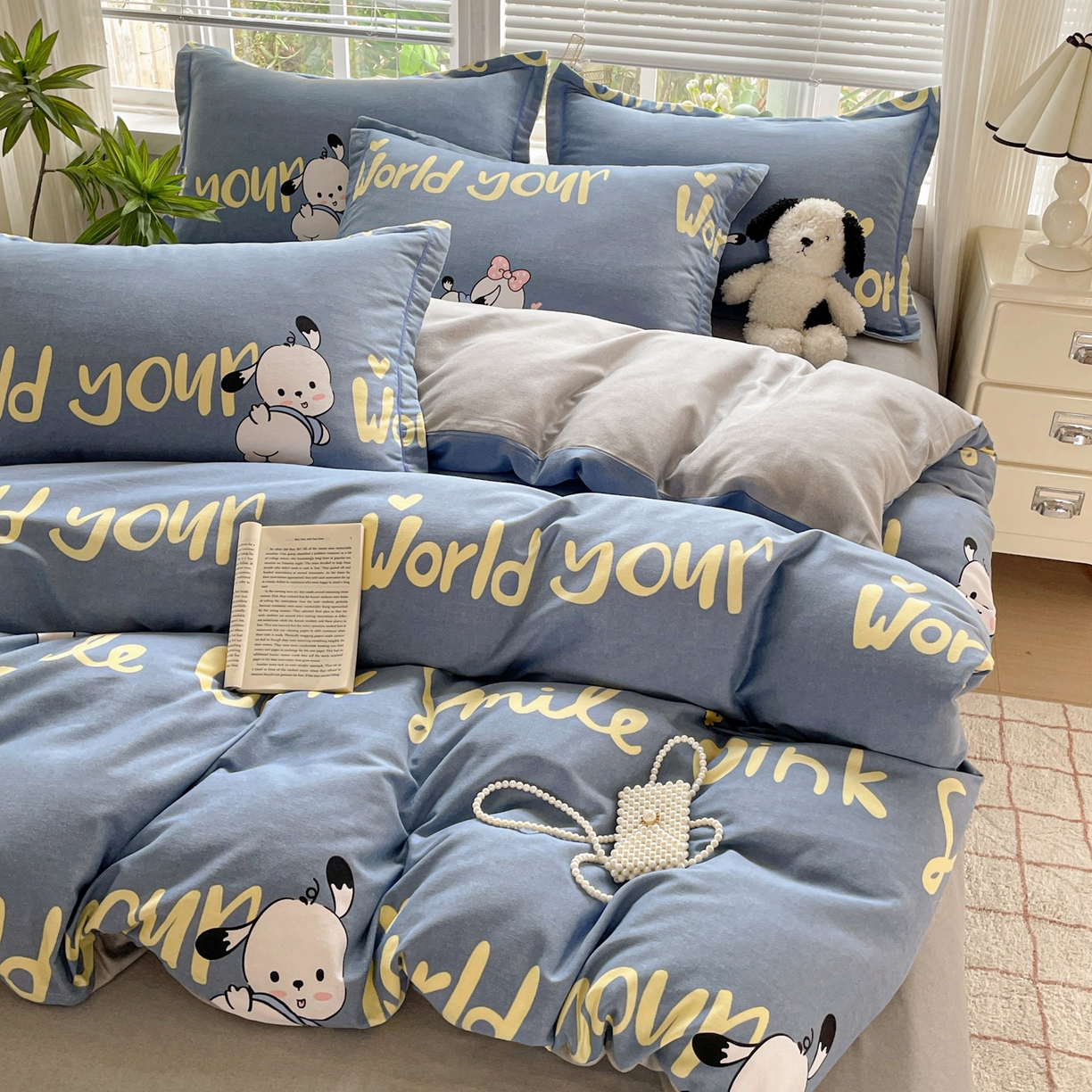 纽缦家纺 2025新款全棉纯棉磨毛印花四件套 萌宠宝贝蓝