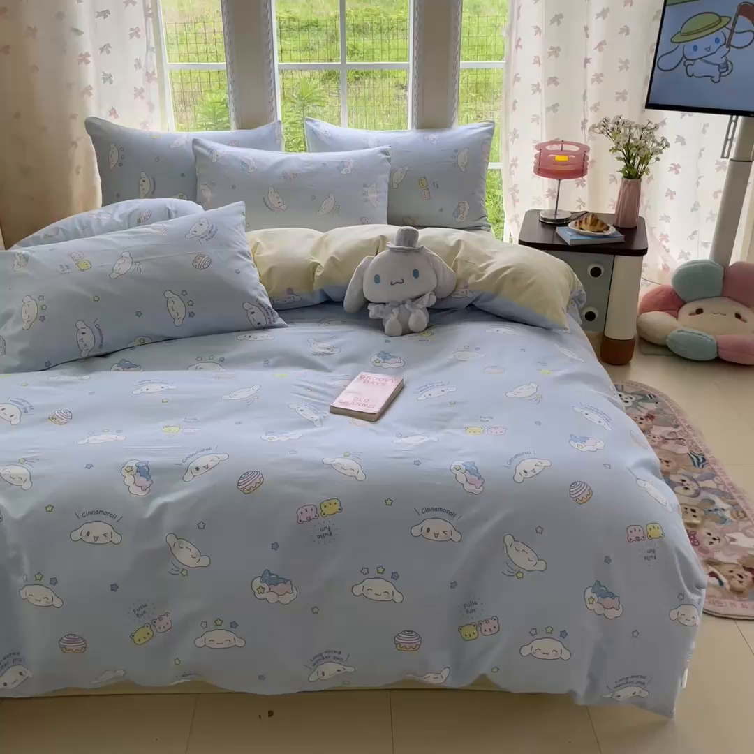 91家纺网 家纺一手货源 找家纺 金爱家2025新款三丽鸥正版授权卡通数码印花混搭纯棉印花系列四件套 棉三丽鸥-云朵大耳狗