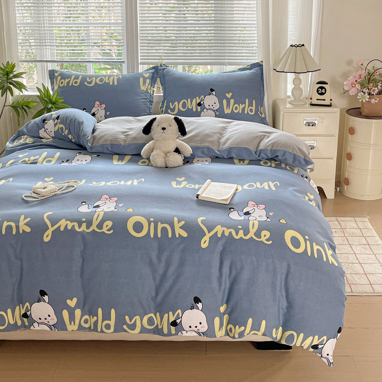 91家纺网 家纺一手货源 找家纺 纽缦家纺 2025新款全棉纯棉磨毛印花四件套 萌宠宝贝蓝