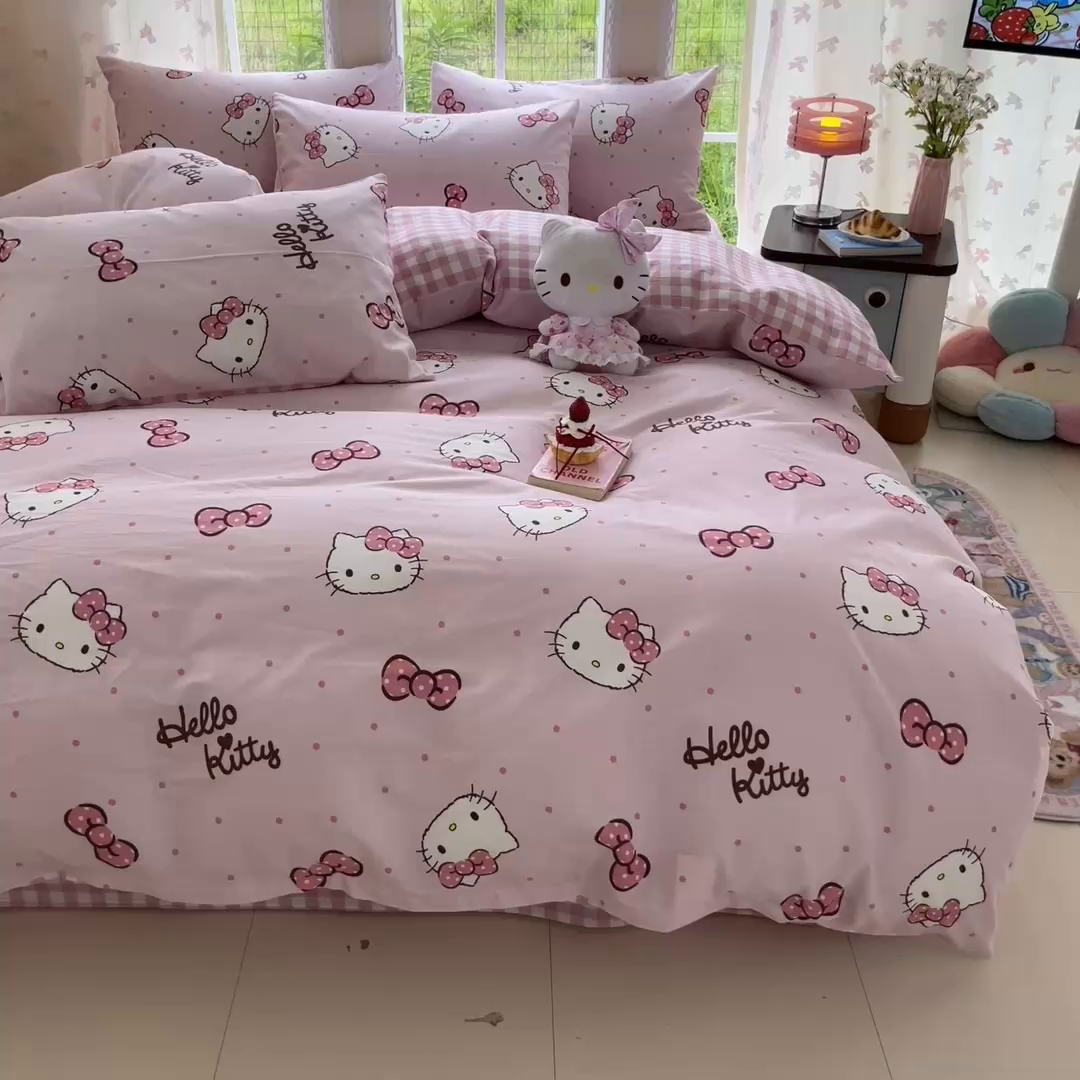 91家纺网 家纺一手货源 找家纺 金爱家2025新款三丽鸥正版授权卡通数码印花混搭纯棉印花系列四件套 棉三丽鸥-蝴蝶结kitty