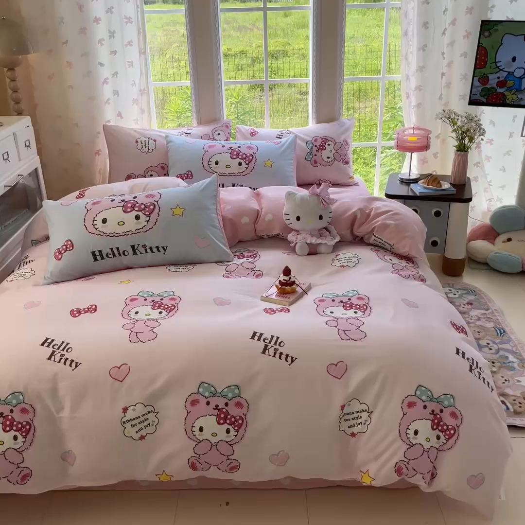 91家纺网 家纺一手货源 找家纺 金爱家2025新款三丽鸥正版授权卡通数码印花混搭纯棉印花系列四件套 棉三丽鸥-混搭baby kt