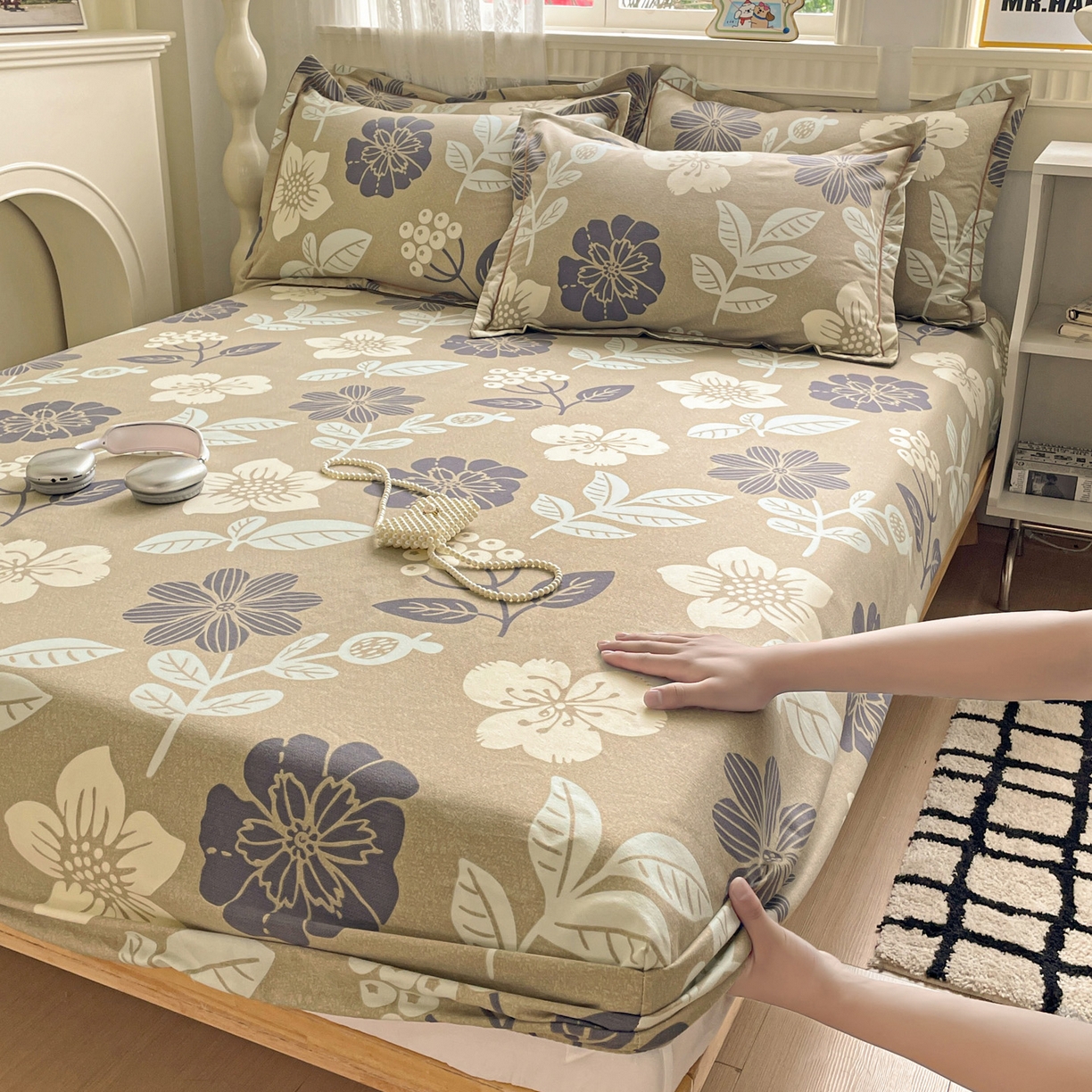 纽缦家纺 2025新款全棉纯棉磨毛印花单床笠 床笠单件 清风微甜灰