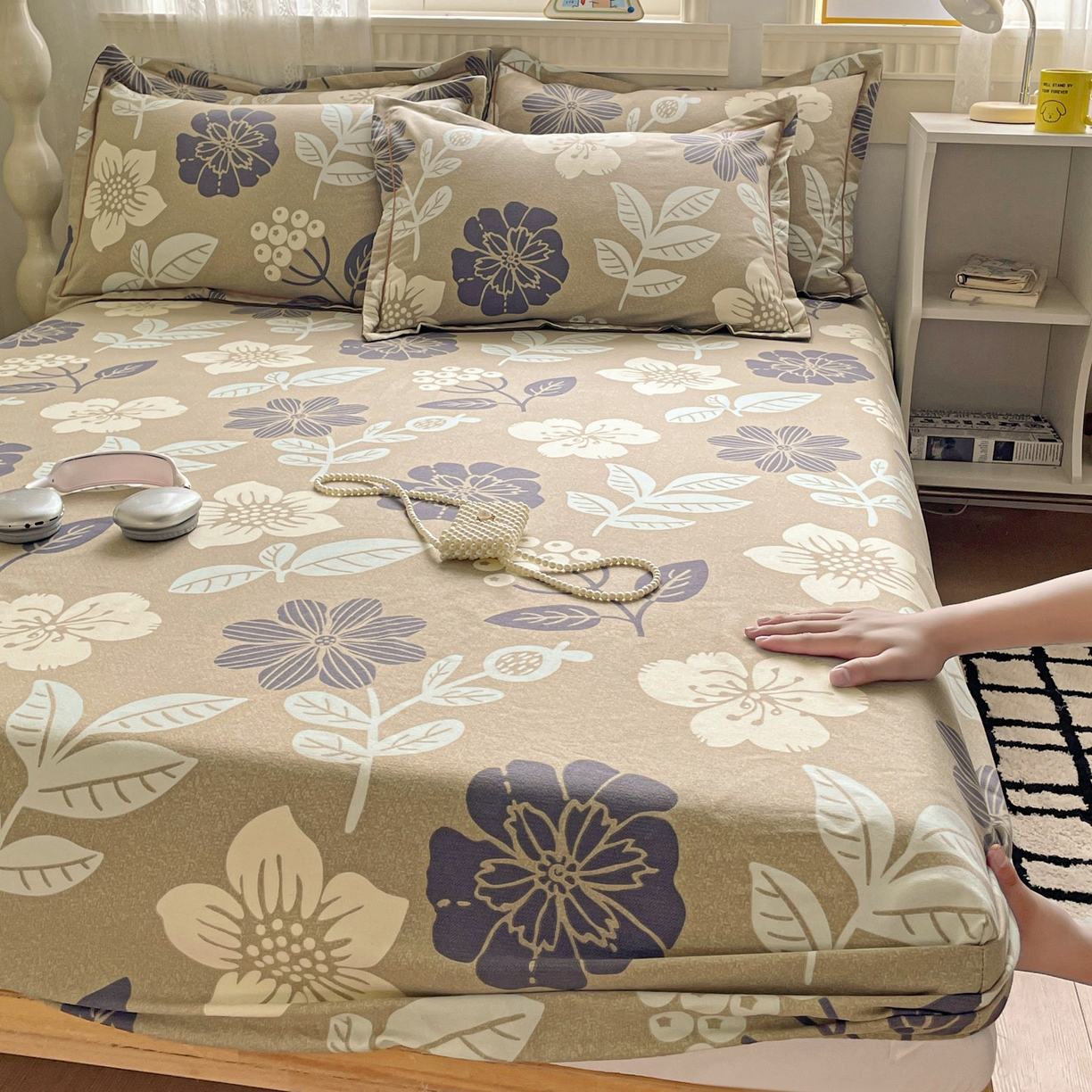 91家纺网 家纺一手货源 找家纺 纽缦家纺 2025新款全棉纯棉磨毛印花单床笠 床笠单件 清风微甜灰