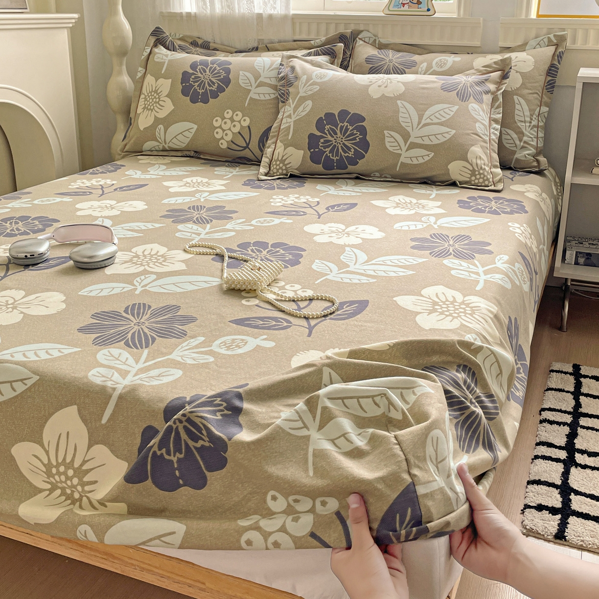 91家纺网 家纺一手货源 找家纺 纽缦家纺 2025新款全棉纯棉磨毛印花单床笠 床笠单件 清风微甜灰