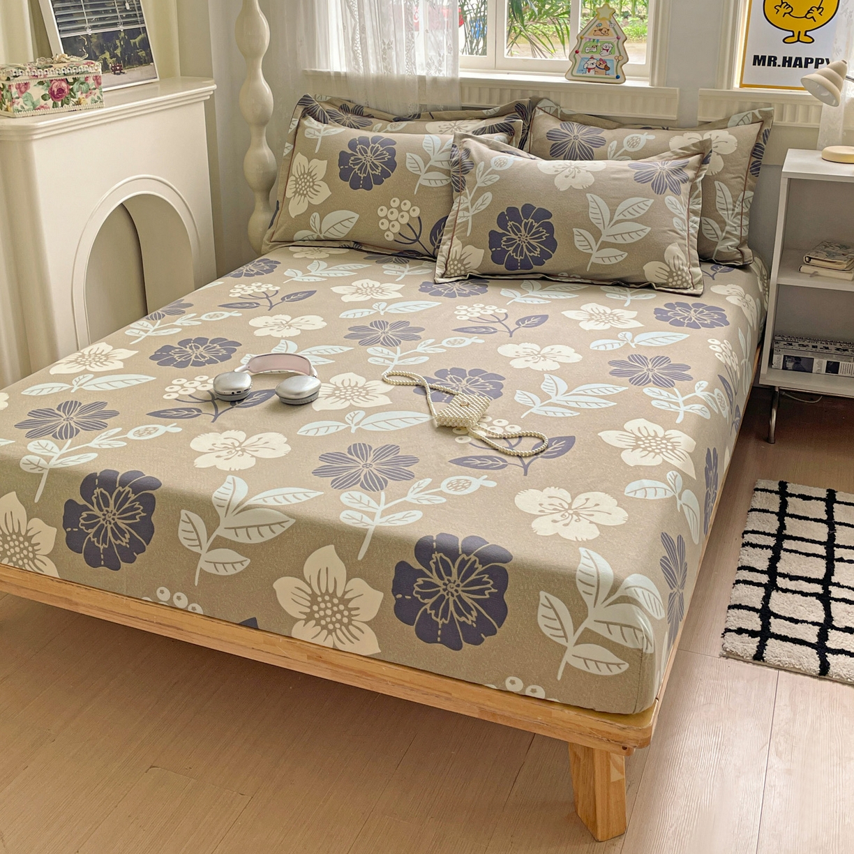 91家纺网 家纺一手货源 找家纺 纽缦家纺 2025新款全棉纯棉磨毛印花单床笠 床笠单件 清风微甜灰